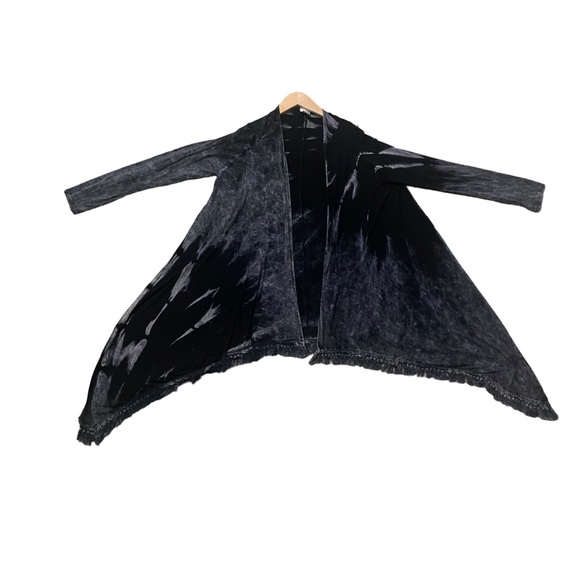American Age Open Front Boho Fringe Acid Wash Black Tie Dye Cardigan Sz Small - Picture 10 of 16